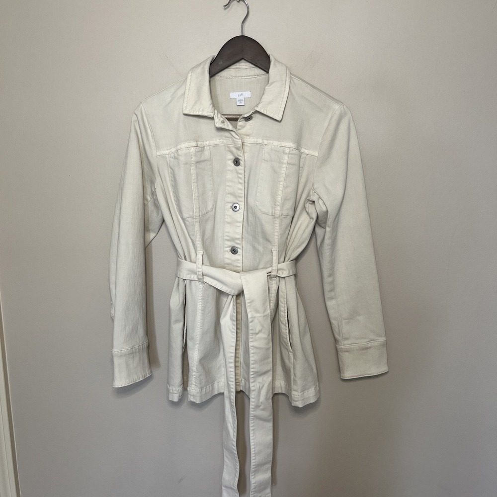 J Jill Jacket Coat Belted Collared Sz XS Petite Button Front Coastal Utility